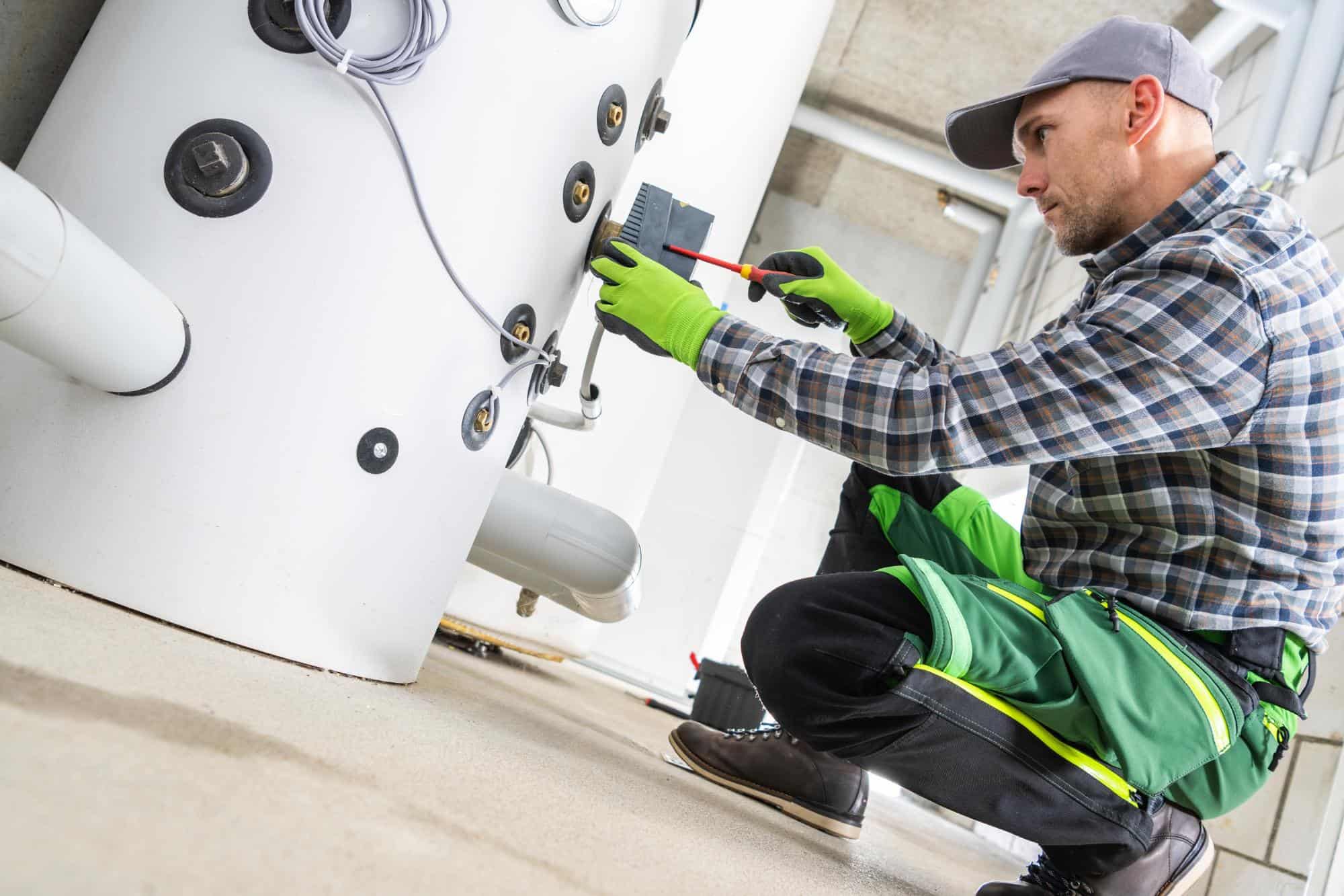 A technician wearing a cap, gloves, and checkered shirt uses a screwdriver to work on a large white industrial tank—possibly an HVAC contractor San Mateo County, CA, performing essential maintenance or repairs.