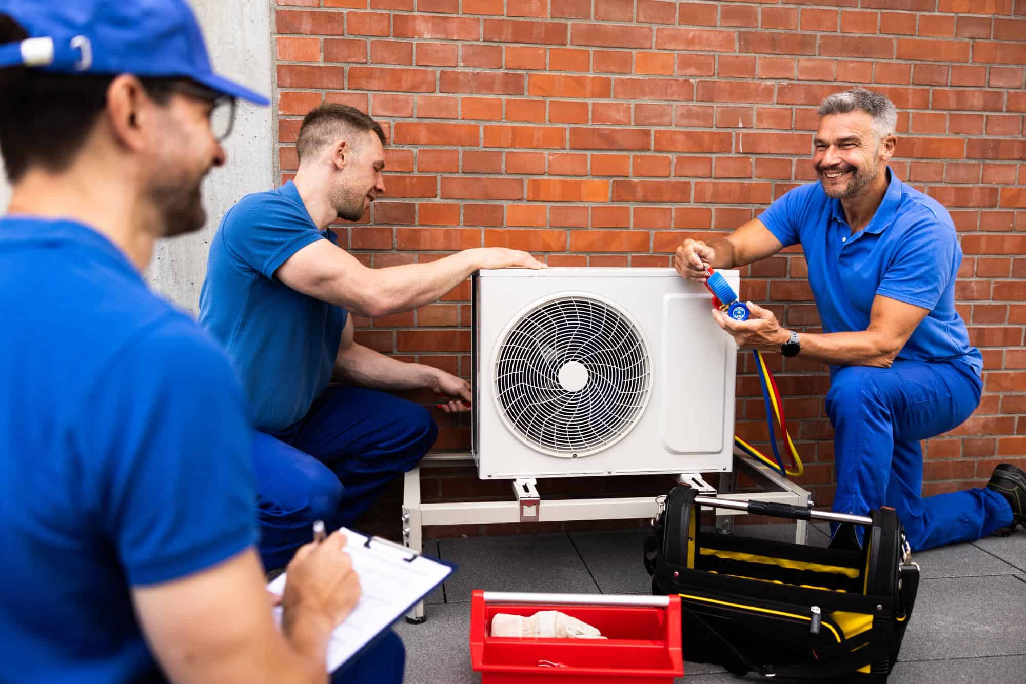 Three HVAC technicians in blue uniforms work together outside on an air conditioning unit near a brick wall. As a top HVAC contractor San Mateo County, CA, one uses tools while another checks the unit and a third takes notes on a clipboard. Toolboxes are nearby.