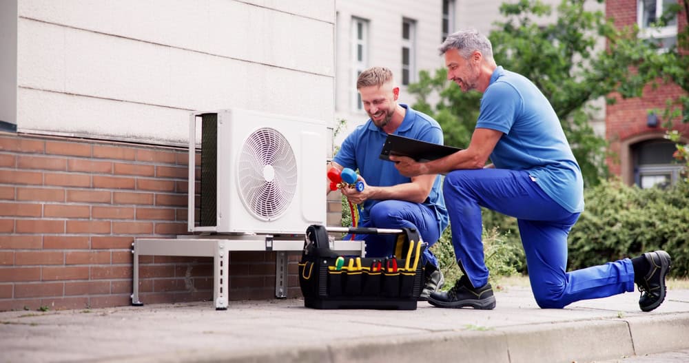Two men working on an air conditioner.